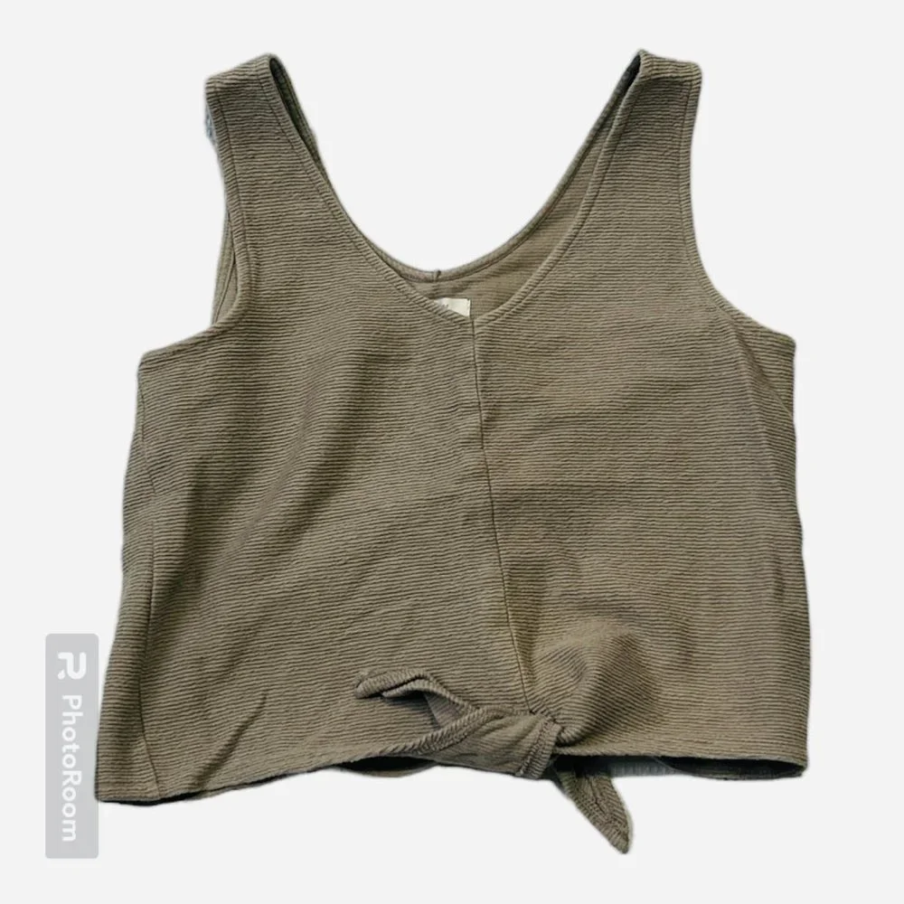Madewell Tie Front Ribbed Crop  Cotton Tank Top Beige Tan | Size Small - Picture 2 of 5